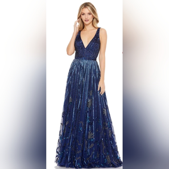 Mac Duggal Navy Silver Sequin Gown NWT Size 10 | Formal Prom Pageant Evening Dre - Picture 1 of 14